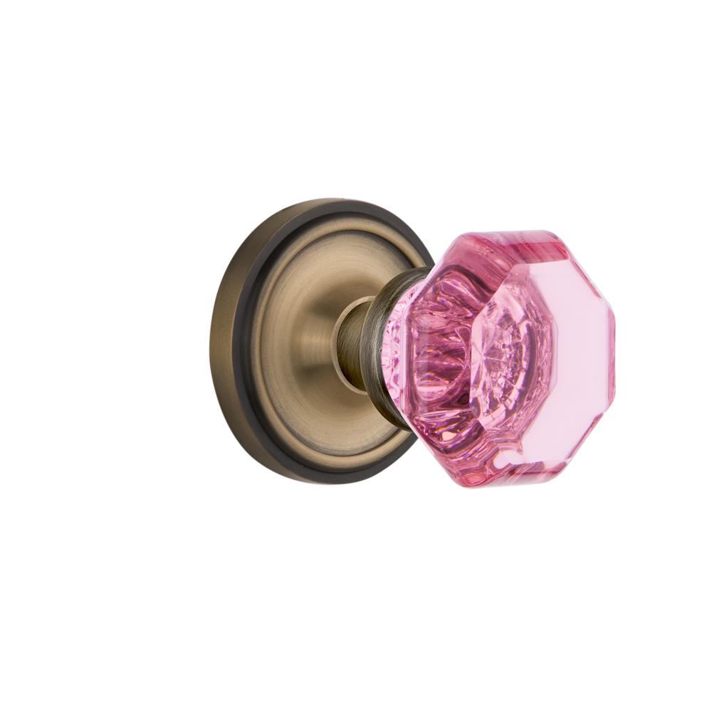 Nostalgic Warehouse CLAWAP Colored Crystal Classic Rosette Interior Mortise Waldorf Pink Door Knob in Antique Brass